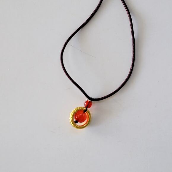 Handmade Red Bead Pendant Necklace Gold Accent Dark Brown Cord Adjustable Style - Picture 7 of 10